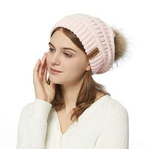 Pilipali Beanie Warm Winter Hat for Women Faux Fur Pom Pom PINK NEW